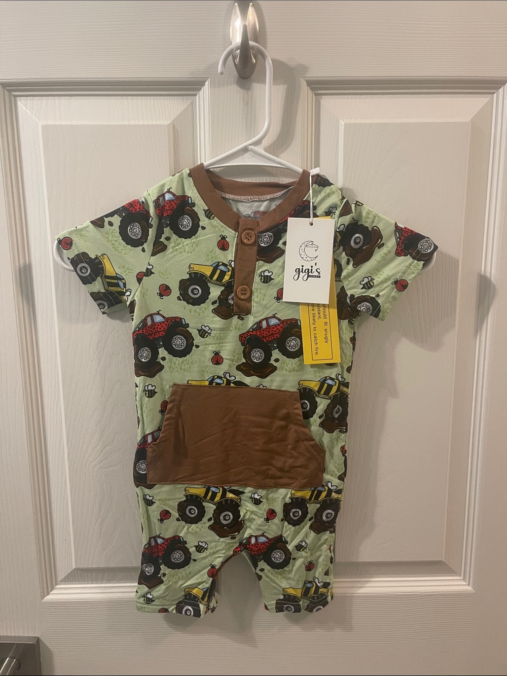 Green Monster Truck Short Sleeve Kids Bamboo One-Piece